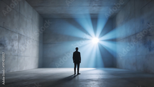 Silhouette of person in concrete room with light