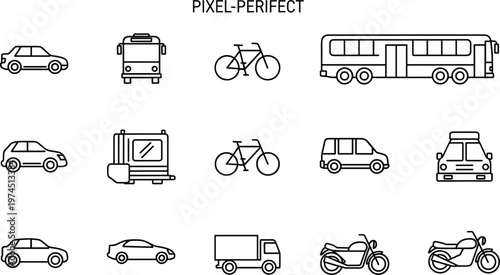 Transportation and vehicle line icon set with car bus truck and bicycle symbols for city traffic navigation vector