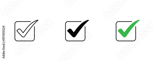 Check mark icon button set with checkbox square frame, right correct yes tick symbols vector illustration