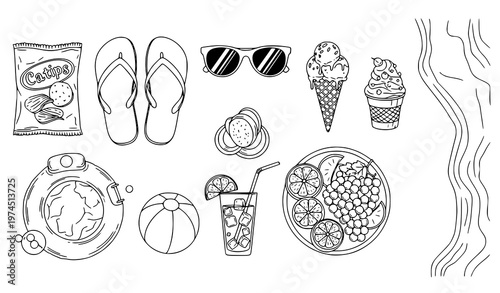 A vector illustration featuring summer-themed icons including flip-flops sunglasses ice cream beach balls and a bowl of fruit