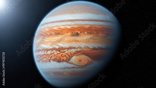 A vibrant, detailed depiction of a gas giant with swirling bands and a distinctive red spot