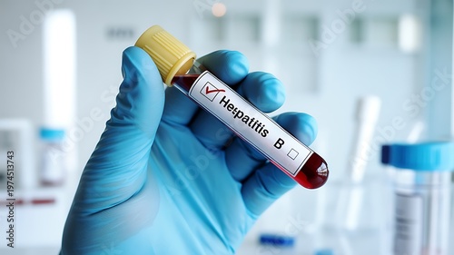 Gloved hand holding blood test tube for Hepatitis B virus detection in lab