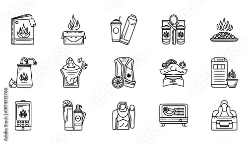 A collection of black-and-white vector illustrations depicting various fire safety and hazard symbols including flammable liquids, burning candles, and cooking hazards.