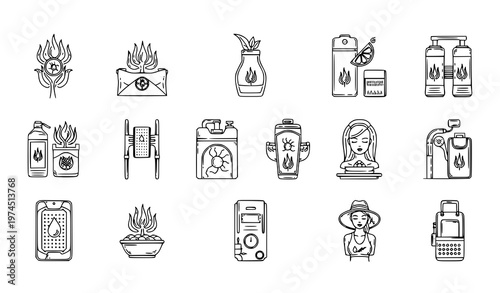 A collection of minimalist vector icons depicting various occult and mystical symbols, tools, and practices including tarot, divination, candles, potions, and rituals.