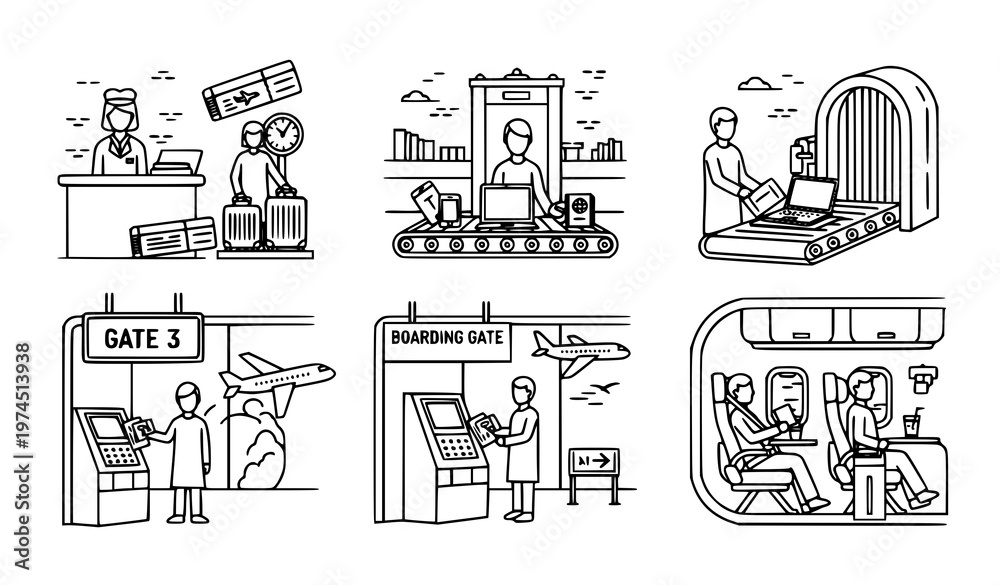 Obraz premium A collection of six minimalist vector illustrations depicting various airport scenes including check-in, security checks, boarding, and travelers onboard an airplane