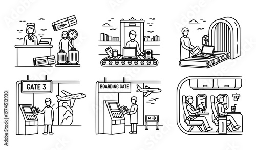 A collection of six minimalist vector illustrations depicting various airport scenes including check-in, security checks, boarding, and travelers onboard an airplane