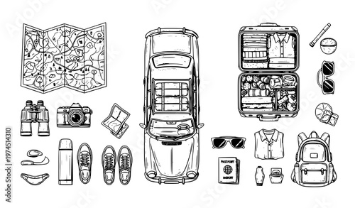 A detailed vector illustration showcasing travel essentials including a map, car, suitcase, binoculars, camera, and other accessories laid out in a minimalist style