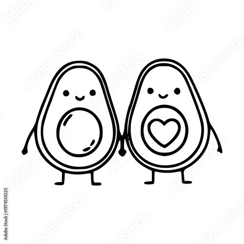 cute avocado couple holding hands line art illustration