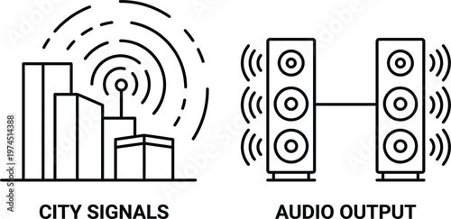Vector graphic illustration of city signals transmission to audio output speakers