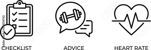 Vector graphic illustration of checklist, advice, and heart rate icons for health and fitness