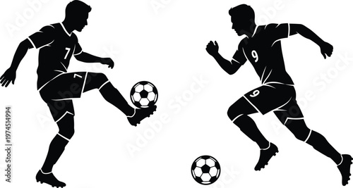 Vector graphic illustration of two soccer players in action kicking balls