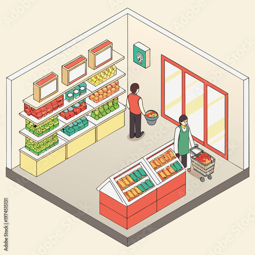 Supermarket interior with shelves produce customers and cart, grocery store