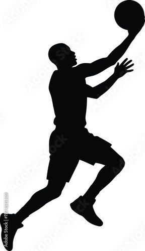 Silhouette of a man jumping to catch a basketball in mid air motion vector graphic illustration