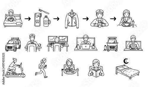 A series of flat vector illustrations depicting various daily activities including waking up, dressing, working, commuting, teaching, attending meetings, dining, exercising, and sleeping.