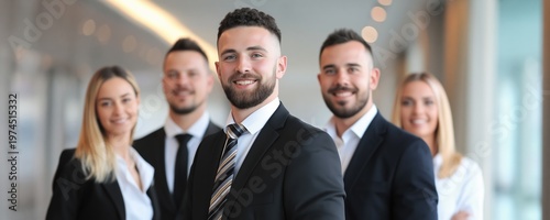 A confident team leader stands forward among a diverse group in a bright, premium office. Modern corporate teamwork and leadership are highlighted in this professional setting.