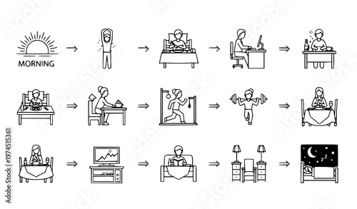 An illustration showing a daily routine of a person from morning to night with activities like breakfast, work, gym, TV, and bedtime