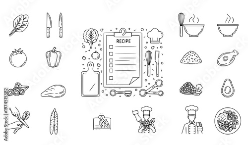 A playful culinary-themed vector illustration featuring various cooking icons and ingredients for recipe preparation