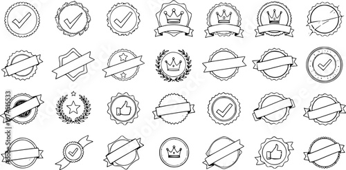 Vector Set of Hand-drawn Black  White Line Art Badges, Seals, and Labels for Business Quality Assurance, Certification, and Achievement.