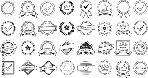Hand-Drawn Black and White Line Art Badges and Stamps for Approval and Quality Assurance