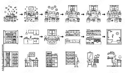 A detailed vector illustration showcasing the transformation of cluttered rooms and areas into organized and clean spaces with storage solutions.