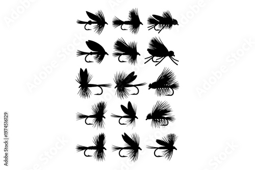 Set of Fly Fishing Lure Silhouettes Isolated on White