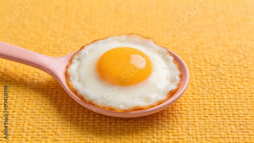 Fried egg on pink spoon