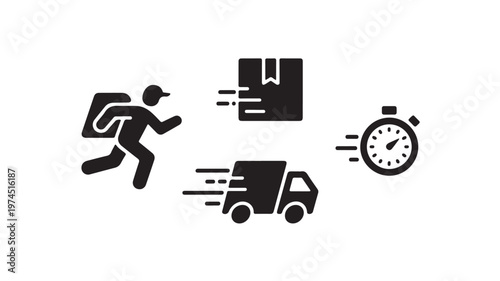Fast Delivery Service Icons With Truck Running Man And Stopwatch On White Background For Logistics Concepts