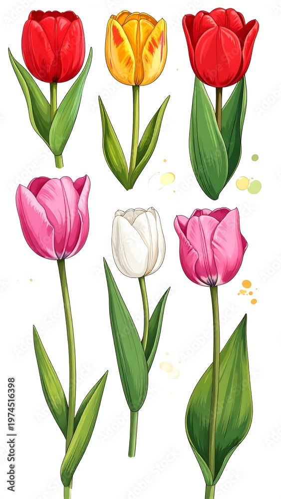 Obraz premium A vibrant illustration of six tulips in various colors