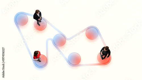 Business people standing on connected nodes representing workflow and interaction. Concept of structured workflow movement, step by step process, coordinated team actions, business flow system.