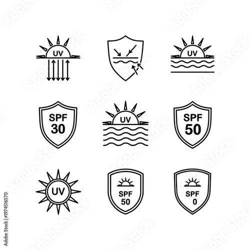Vector set of icons representing uv protection and spf ratings in different variations.