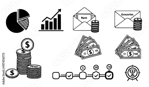A collection of black and white vector icons representing financial concepts such as budgeting, savings, expenses, and money management