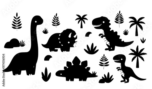 Cute Cartoon Dinosaur Set with Prehistoric Plants Isolated on White Background