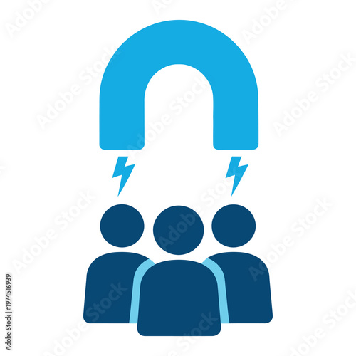 Vector of a large magnet attracting three stylized people symbolizing influence or attraction