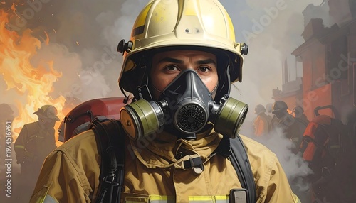 Wallpaper Mural A firefighter wearing a gas mask and helmet amidst a burning building Torontodigital.ca