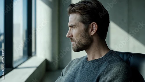 Thoughtful Man Gazing Out Window in Modern High-Rise Apartment.