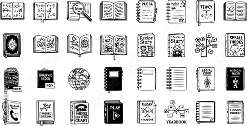 Black and White Hand-Drawn Line Art Icons of Books, Notebooks, and Documents for Education, Learning, and Knowledge-Based Industries.
