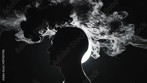 Silhouette of a person with smoke emanating from their head in a dark, mysterious setting.