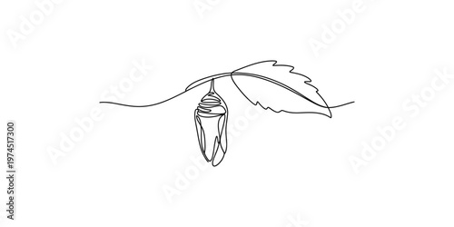 A black line drawing of a cocoon hanging from a leaf branch and white insect