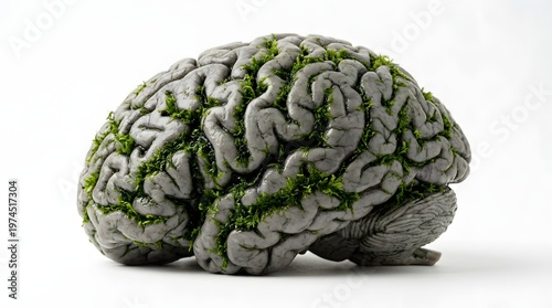 Creative artistic sculpture of a human brain covered with green moss and plants symbolizing growth nature and knowledge