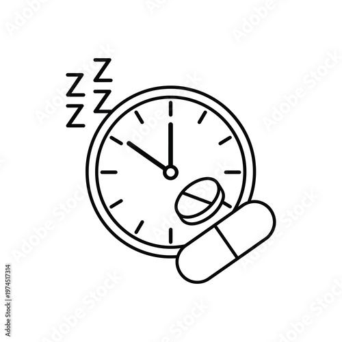 Vector of a clock with pills and sleep symbols representing restfulness