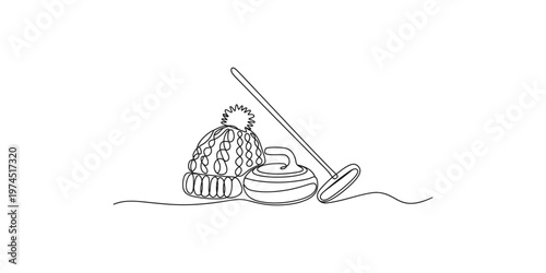 Curling stone and broom with winter hat continuous line drawing sport ice knit knitted minimalist