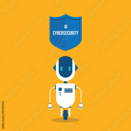 AI cybersecurity protection concept with robot assistant shield security technology digital data protection system for app interface dashboard and online network safety

