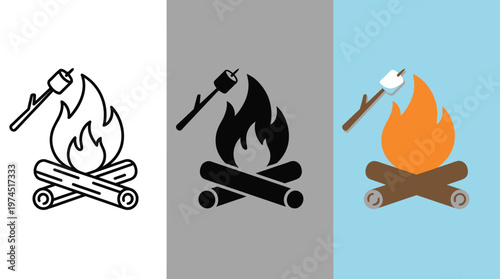 Campfire Logos with Axe on White, Gray, Blue Backgrounds
