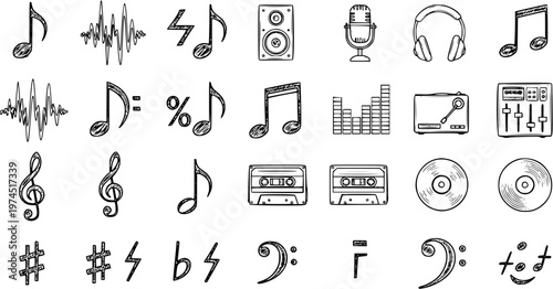 Hand-drawn Music and Audio Icons Set - Sketchy Musical Notes, Instruments, and Sound Equipment in Black  White Doodle Line Art Style
