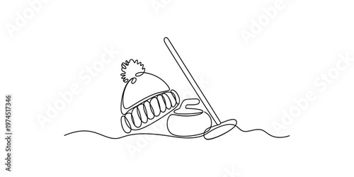 Continuous line drawing of curling hat and broom on ice winter sport one illustration vector