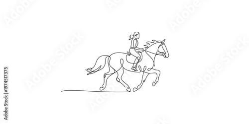 Woman riding a horse in a one line drawing style with continuous lines equestrian horseback
