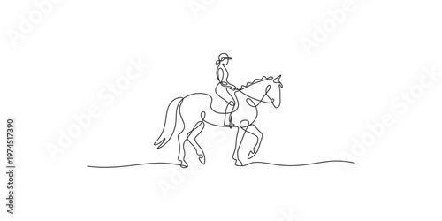 Woman riding horse in one line drawing style with minimal background single art continuous rider