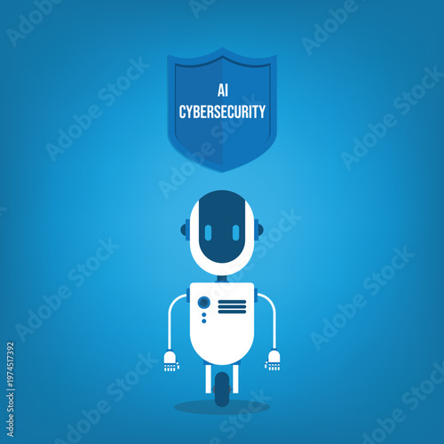 AI cybersecurity protection concept with robot assistant shield security technology digital data protection system for app interface dashboard and online network safety
