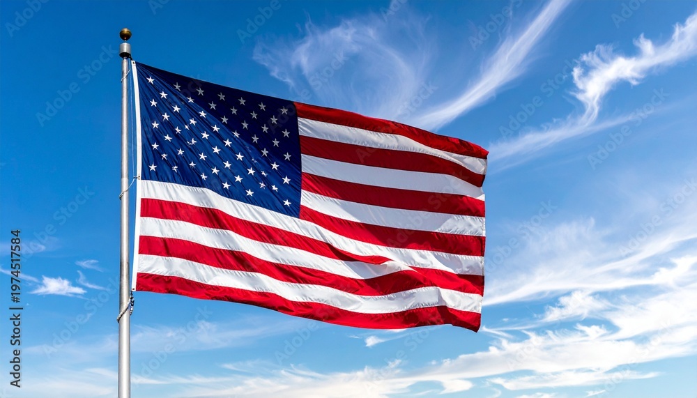 Obraz premium USA Flag Waving in a Bright Blue Sky with Wispy Clouds