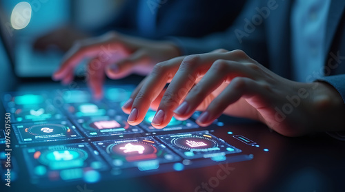 Close-up of hands using advanced digital interface with glowing icons, modern AI technology environment.